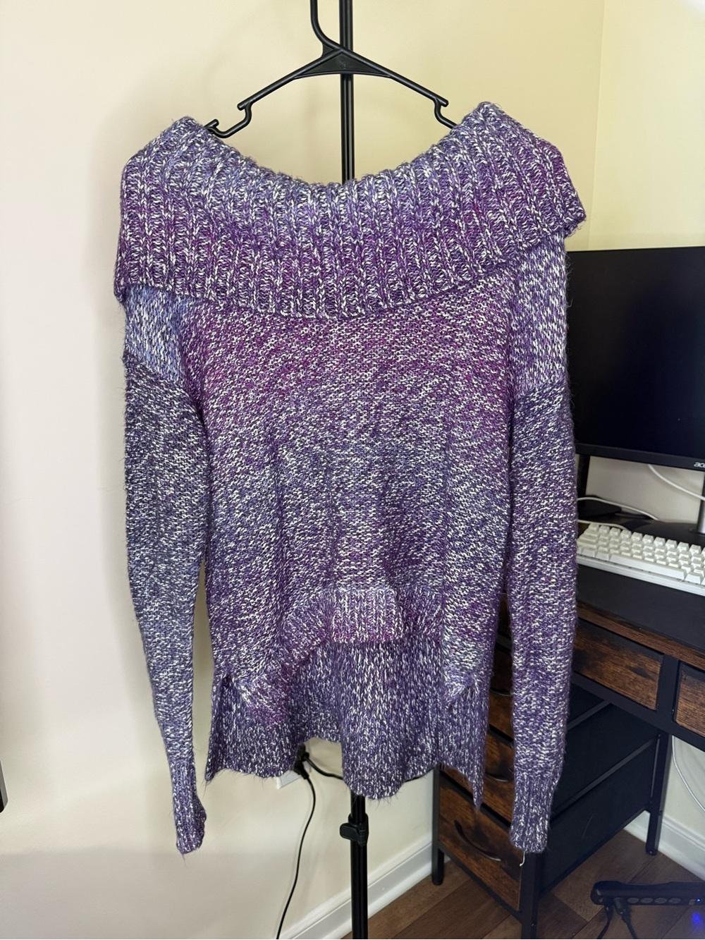 American Eagle Outfitters Purple Marled Off-Shoulder Foldover Sweater